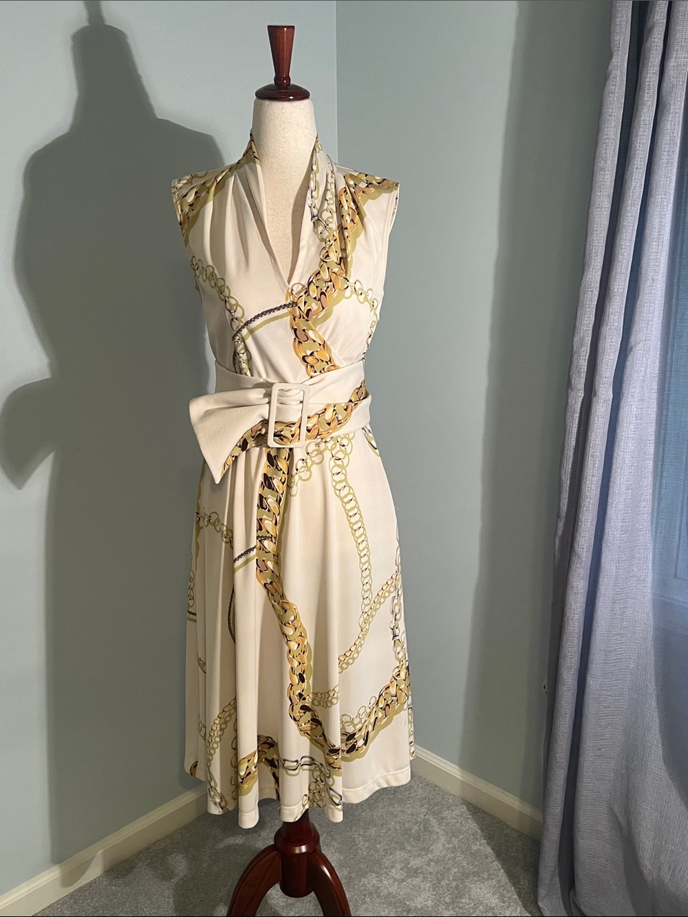 W by Worth Cream Midi Dress with Gold Chain Print and Belt